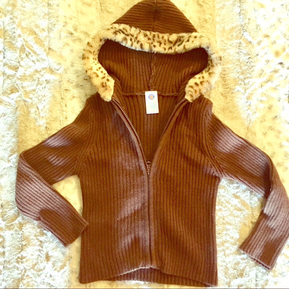 Sweater jacket with leopard trim